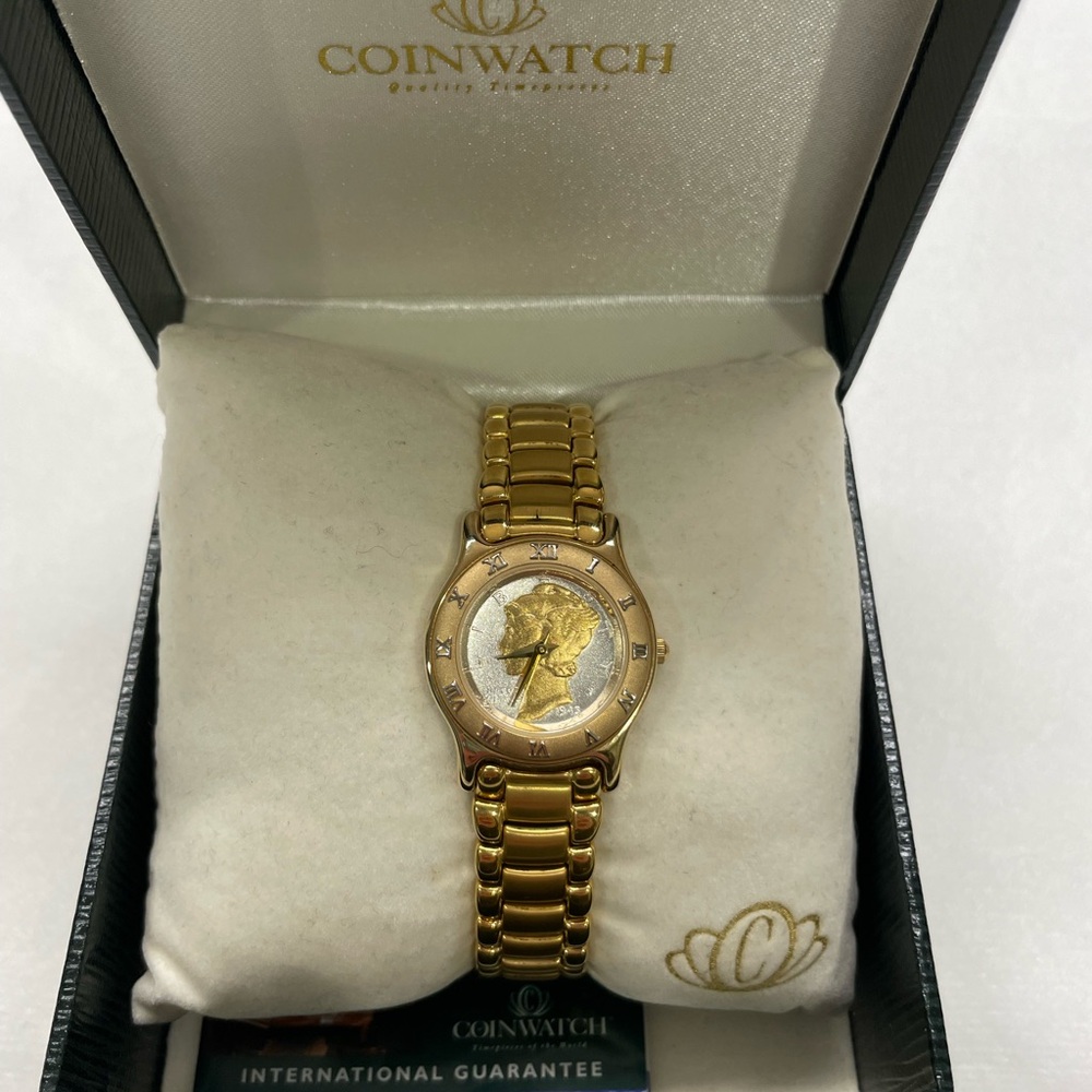 1945 Mercury Dime Coin Watch with gold band.
